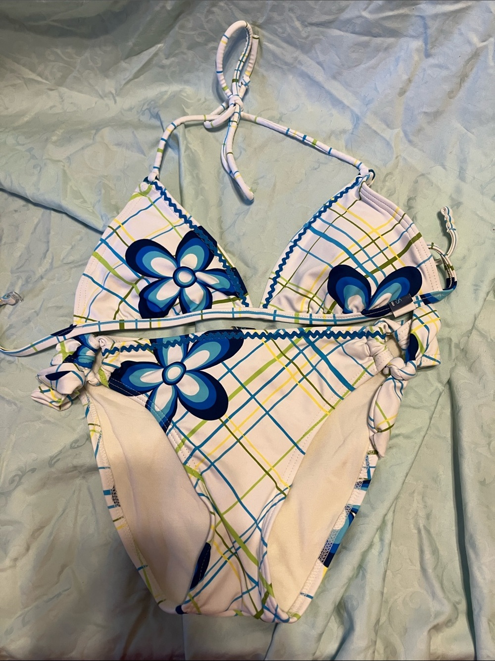 Women's Blue Floral Plaid Halter Bikini Set
